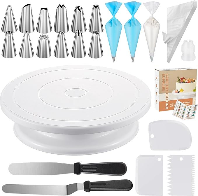Kootek 71PCs Cake Decorating Kit, Baking Supplies Tools - Includes Cake Stand Turntable, 12 Icing Piping Tips Set, 2 Frosting Spatulas, 3 Scrapers, 50+2 Piping Bags, Coupler, Video Tutorial, Booklet
