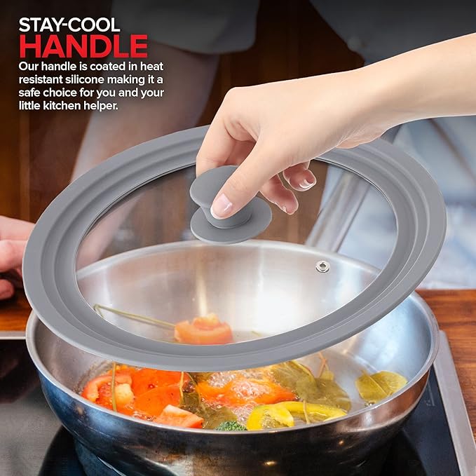 Modern Innovations Universal Lids (Set of 2) Fits 7 to 12-Inch Cookware, Silicone Replacement Pan Lid, Glass Top Covers for Skillets, Pots, Frying Pans, Cast Iron - Grey