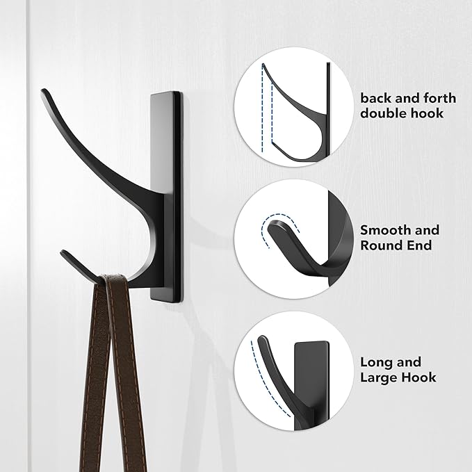 pickpiff Self Adhesive Coat Hooks for Hanging: Heavy Duty Stainless Wall Hook for Towel, Backpack, Hat, Sturdy Metal Hanger for Bathroom, Bedroom, Door, 4-Pack, Matt Black