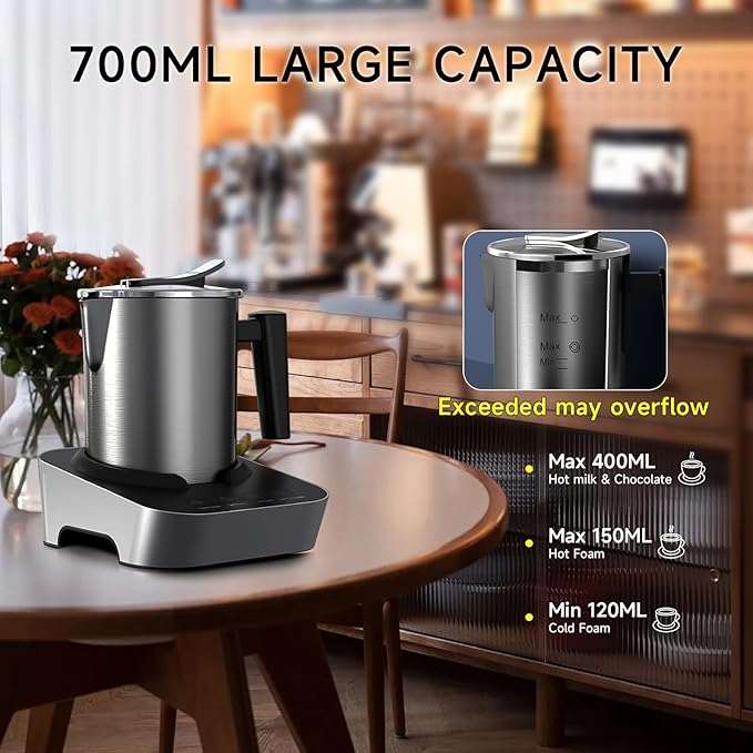 4-in-1 Electric Milk Frother and Steamer, Large 13.5oz Stainless Steel Pitcher, Hot & Cold Foam Maker and Milk Warmer for Lattes, Cappuccinos, Macchiato,Hot Chocolate, Dishwasher Safe