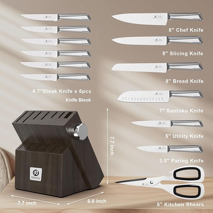 Knife Sets for Kitchen with Block imarku G14 Japanese Knife Set Stainless Steel Kitchen 14pcs, Built-in Sharpener, Sharp Knives with Non-slip Ergonomic Handle - Dishwasher Safe, Home Essential Gifts