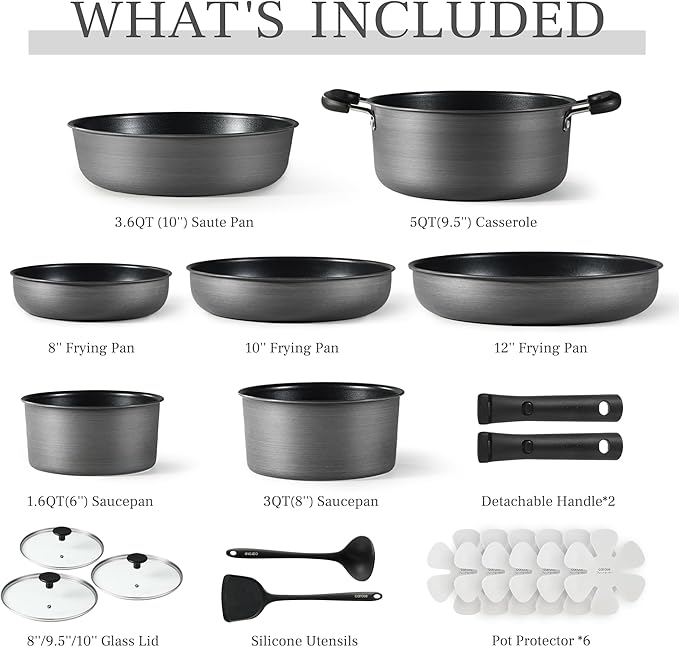 CAROTE 20pcs 4-Ply Premium Hard Anodized Pots and Pans Set Non Stick with Detachable Handle, Dishwasher/Oven Safe, RV Kitchen Cookware Set Nonstick, Induction Cookware, Large Capacity Pans and Pot Set