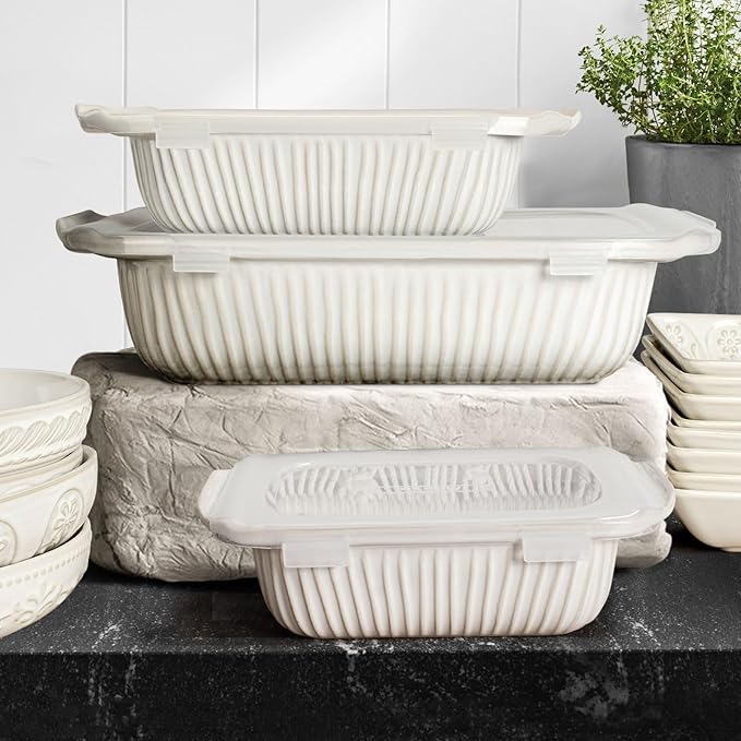 Artena Casserole Dishes For Oven, Ceramic Baking Dish, Large Lasagna Pan With Handles, Baking Pan Casserole Dish, Rectangular Bakeware Deep, White, Set Of 3 (5.1Qt/2.3Qt/1.1Qt) (Baking Dish With Lids)