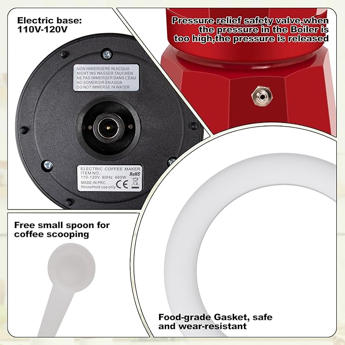 Electric Aluminum Moka Pot 5-6 Cup 270ml Espresso Maker with Detachable Base Ideal Coffee Makers for Home MochaPot Italian and Cuban Café Coffeemaker Espressomaker CoffeePot Red