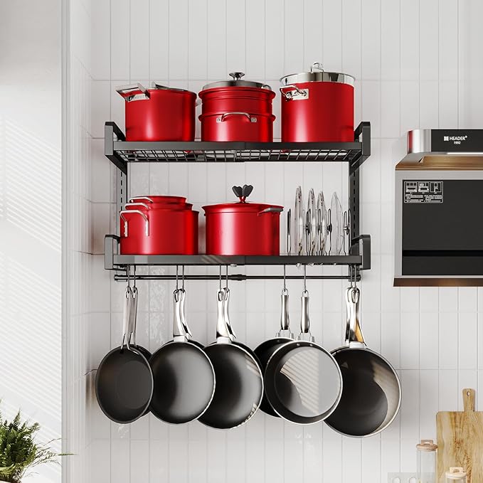 19"- 30" Expandable Hanging Pot Rack, 2 Tier Heavy Duty Wall Mounted Pots and Pans Organizer with 10 Hooks and 5 Pot Lid Holders, Pot Hanger Shelf for Kitchen Cookware Utensils Organizers and Storage