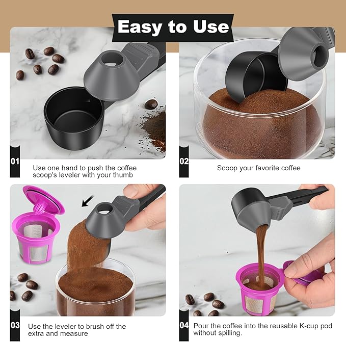 Coffee Scoop & Funnel for Reusable K Cup Refillable Coffee Pods, Coffee Measuring Spoon 2 Tablespoon Capacity, Scoop with Funnel for Ground Coffee, Protein Powder, Tea (Black&gray, 2 Pack)