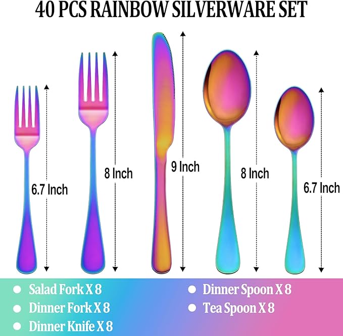 40 Pcs Rainbow Silverware Set Service for 8,Stainless Steel Flatware Serving Sets,Kitchen Tableware Set,Utensil Set for Home and Restaurant,Knives Forks Spoons Set,Mirror Polished,Dishwasher Safe