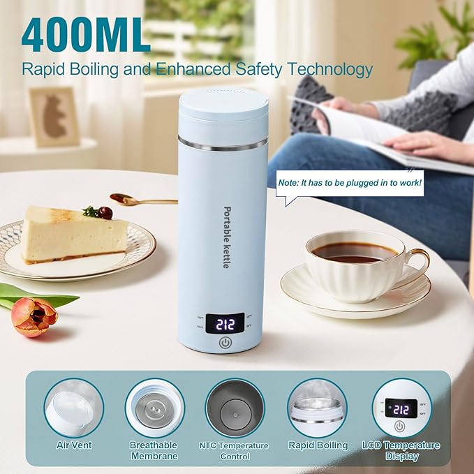 Travel Electric Kettle Portable Mini Kettle,Small Hot Water Boiler with 4 Temperature Settings,304 Stainless Steel,Fast Boiling Water with Auto Shut-Off and Boil Dry Protection,400ml (BIue, 400ML)