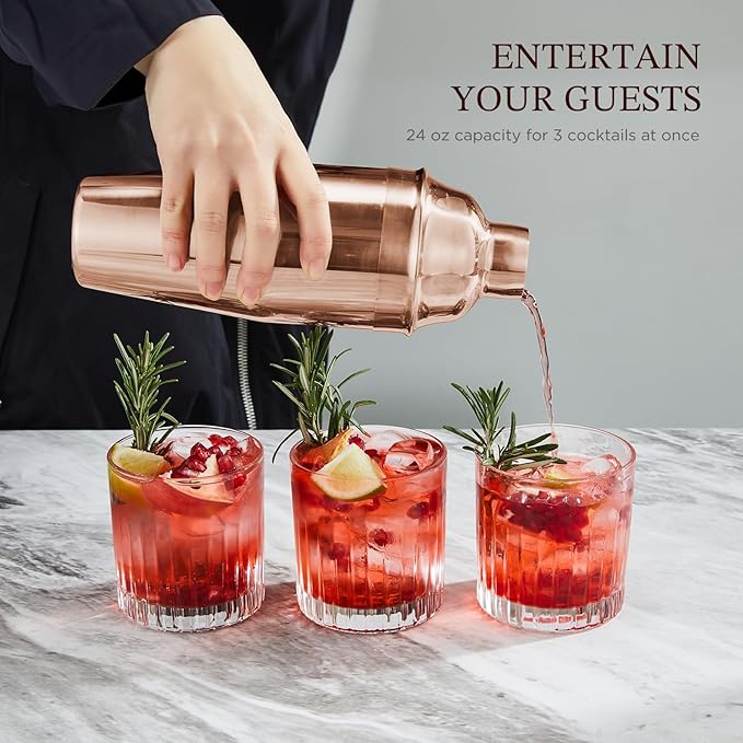 KITESSENSU Cocktail Shaker Set, Stainless Steel Bartending Kit with 25 Ounce Cocktail Shaker with Built in Drink Strainer, Measuring Jigger, Mixing Spoon & Drink Recipe Guide, Rose Gold