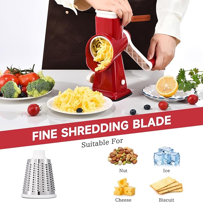 Rotary Cheese Grater with Handle Kitchen Shredder Slicer Grater Slicer Ice Shaver Cheese Vegetable Nuts Potato Zucchini Chocolate 3 Interchangeable Blades (RedWhite)