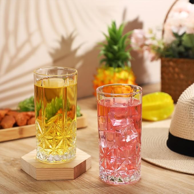 Uiifan Set of 12 Tall Highball Glasses 12 oz Crystal Drinking Glasses Clear Fancy Cups Vintage Textured Designer Glassware for Cocktail Tea Water Beer Soda Beverages, Dishwasher Safe(Stylish Style)