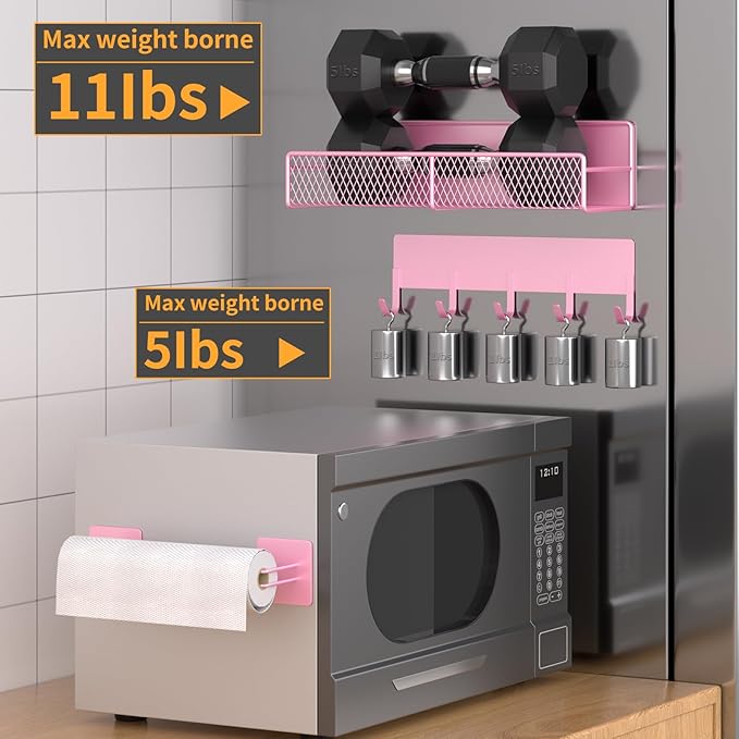 Magnetic Spice Rack for Refrigerator, 10 Pack Metal Magnetic Shelf, Moveable Spice Organizer with Hook Rack, Paper Towel Holder, Kitchenware Holder, Strong Magnetic Storage Fridge Organizer Pink