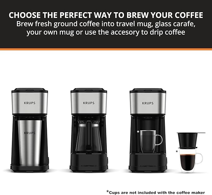 KRUPS Simply Brew Coffee Maker - Multi-Serve 4-in-1 with Stainless Steel Travel Tumbler, Black, 14oz