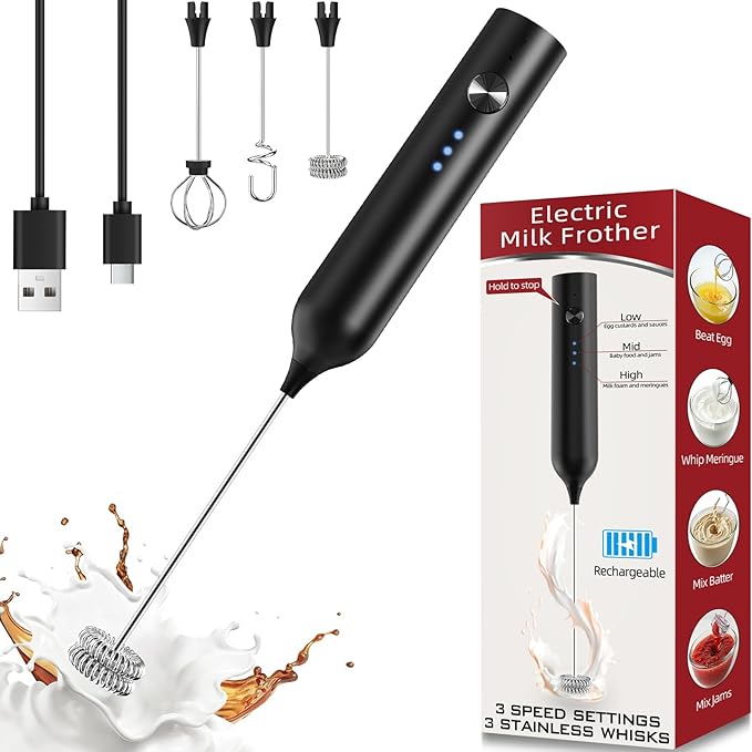 Milk Frother, Rechargeable & Handheld Frother Wand for Coffee, 3 Speed Adjustable Drink Mixer With 3 Stainless Whisks for Matcha, Lattes, Cappuccino, Egg, Electric Whisk Foam Maker (Black)