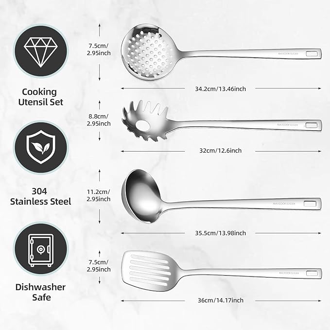 18/8 Stainless Steel Cooking Utensils Set, Spatula Set Kitchen Wok Utensils Set, Include Soup Ladle,Spaghetti Server,Slotted Spatula Turner,Skimmer(Dishwasher Safe, Mirror Polished)