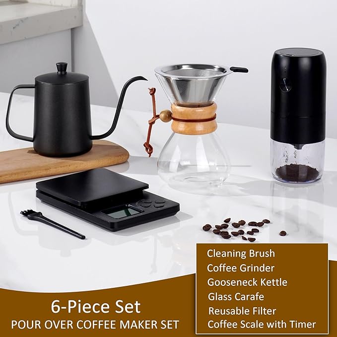 SuperCook Pour Over Coffee Dripper Set, Hand Drip Coffee Maker Set, All in One Pour Over Kit with Electric Grinder, Coffee Dripper Set, Ideal for Anniversary Birthday Gift
