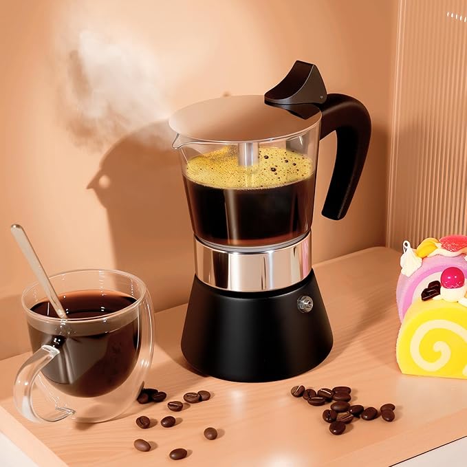 Induction Moka Pot, 4 Cups (7.1 oz) Crystal Glass-Top & Stainless Steel Moka Pot, Classic Stovetop Espresso Maker, Black