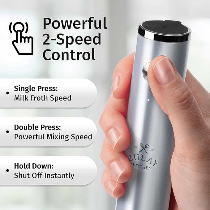 Zulay Kitchen Rechargeable Milk Frother Handheld Lux - Powerful 2-Speed Motor, Waterproof, 2000mAh Battery - Drink Mixer for Latte, Cappuccino, Matcha & Protein Powder - Pure Silver