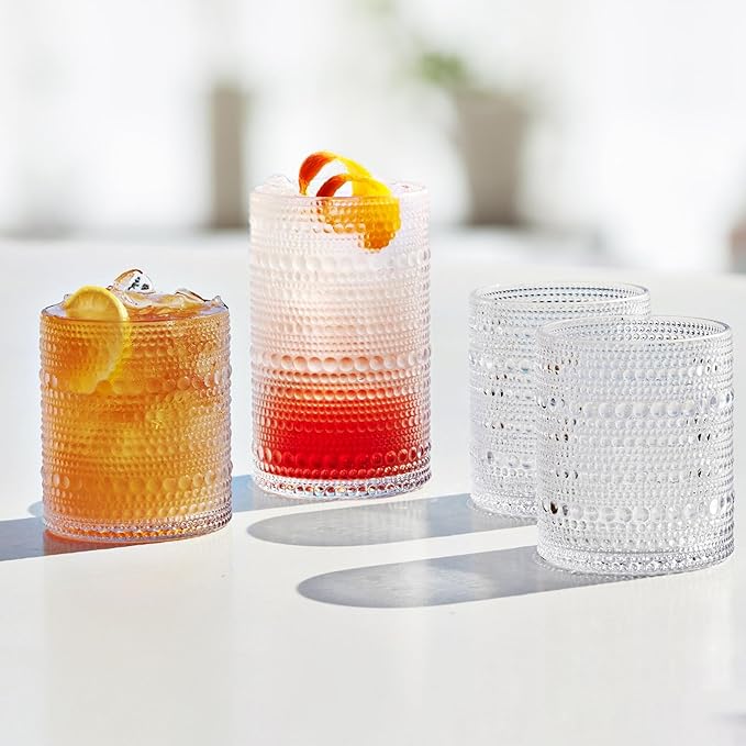 Hobnail Drinking Glasses Set of 12, 11.8 oz Vintage Glasses Drinking Set & 10 oz Cocktail Glasses Set, Embossed Glass Cups for Kitchen, Beer, Juice, Cocktail, Whiskey, Milk