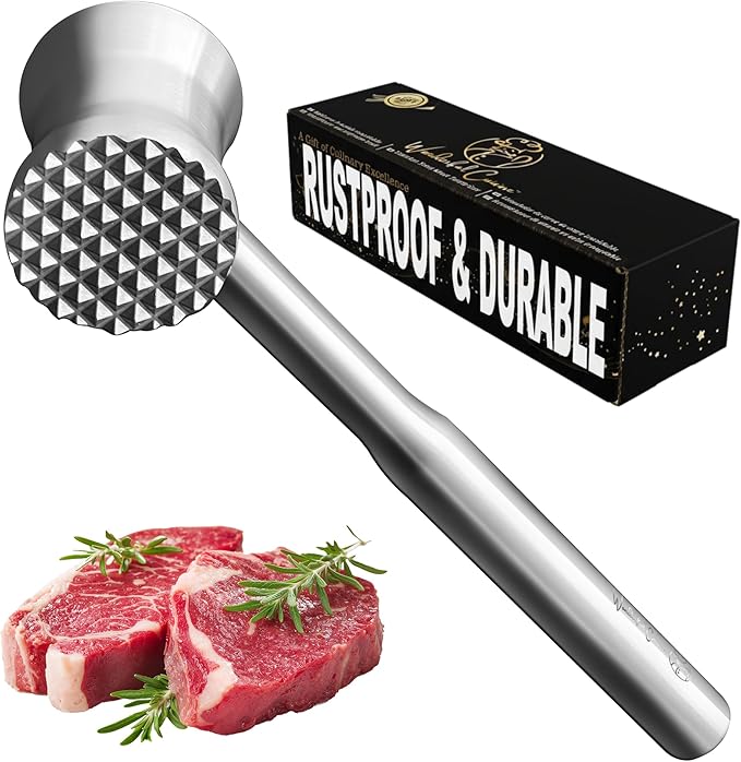 Stainless Steel Meat Tenderizer Hammer – Heavy-Duty All-Metal Design, Anti-Rust & Dishwasher Safe – Textured Surface for Steak, Chicken, Pork, and More,6 - YEAR WARRANTY