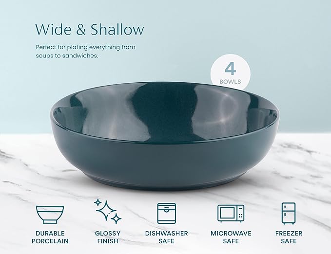 KooK Pasta Bowl, Salad Bowls, Soup, Serving Bowls, Ceramic, Large Capacity, Microwave & Dishwasher Safe, Set of 4, 40 Oz,(Dark Teal)