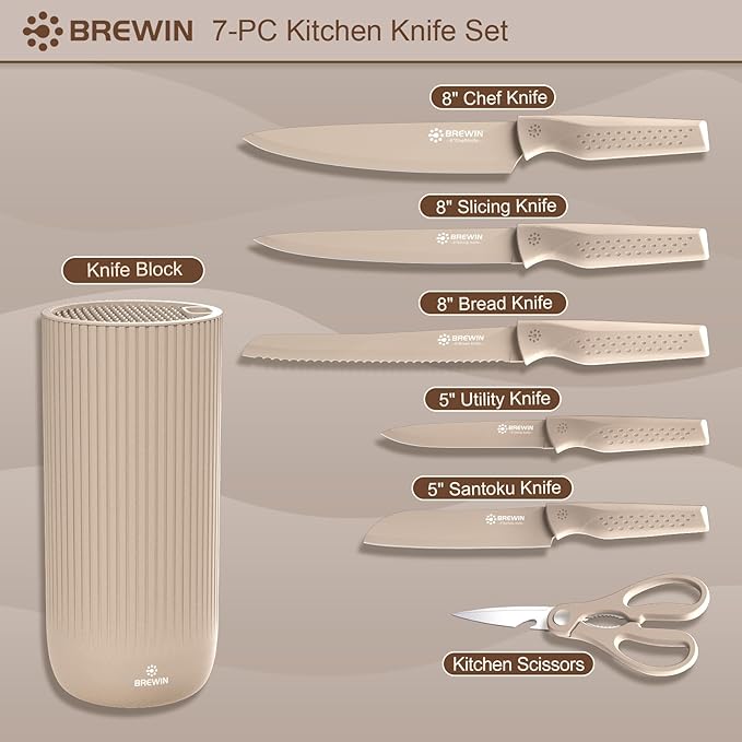Knife Set, Brewin Kitchen Knife Set, Knives Set for Kitchen, Universal Knife Block, Utility Knife Block Set, New Home Essentials, Apartment Essentials, Dishwasher Safe