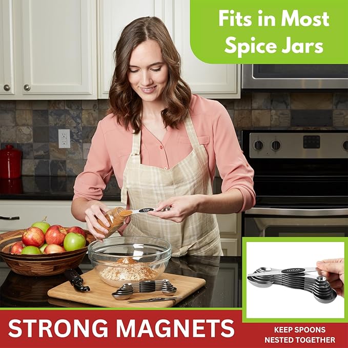 Spring Chef Stainless Steel Magnetic Measuring Spoons Set with Strong N45 Magnets, Heavy Duty Metal Kitchen Gadgets for Baking & Cooking, Fits in Most Kitchen Spice Jars, Set of 8 with Leveler, Black