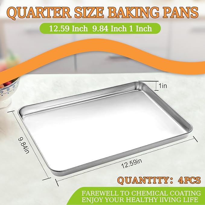 Quarter Sheet Pan Set of 4, CEKEE Stainless Steel Baking Sheet & Cookie Sheets for Baking, Baking Sheet Pan Oven Tray, Heavy Duty & Easy Clean Baking Pans Set - Size 12 x 10 x 0.98 Inch