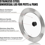 Pan Lid Fits 11, 12 & 13 Inch Cookware, Universal Lid for Pots, Pans and Skillets,Replacement Frying Pan Cover with Tempered Glass Top, Stainless Steel Cast Iron Skillet Lids - Heat Resistant Handle