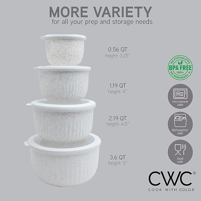COOK WITH COLOR Prep Bowls with Lids- Wide and Deep Nesting Plastic Small Mixing Bowl Set with Lids, 8 Piece Set - Deep Bowls, Speckled White