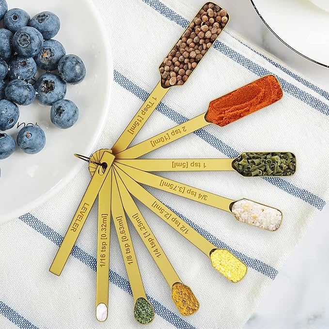 Wildone Gold Measuring Cups & Spoons Set of 21 - Includes 7 Stainless Steel Nesting Measuring Cups, 8 Measuring Spoons, 1 Leveler & 6 Mini Measuring Spoons, Ideal for Dry & Liquid Ingredients