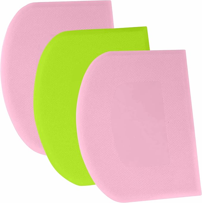SURDOCA Dough Scraper Bench Scraper - 3P 4.7x3.7" Plastic Flexible Bowl Scraper, Sharp Edge & Angles Cake Scraper. Non-Slip Bakeware Decorating Tools Sculpting & Modeling Tools - Pink+Green+Pink
