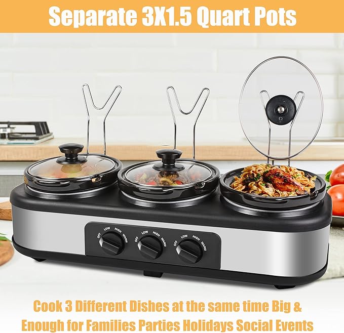 Triple Slow Cooker, 3×1.5 QT Buffet Servers and Warmers, 3 Pots Buffet Slow Cooker Adjustable Temp Lid Rests Stainless Steel Manual Silver for Parties Holidays Families