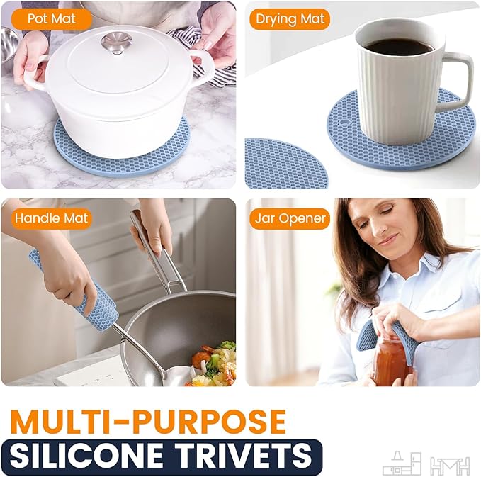 Silicone Trivet Mats 4 Heat Resistant Pot Holders Multipurpose Non-Slip Hot Pads for Kitchen Potholders, Drying mat, Jar Opener, Spoon Holder, Coaster(Nordic Blue)