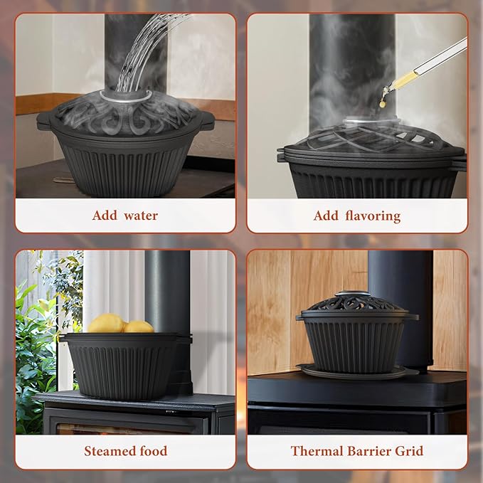 Wood Stove Steamer, Cast Iron Humidifier for Wood Stove, Cast Iron Steamer Pot, Trivet, Lattice Top, Pre-Seasoned, Fireplace Humidifier Cookware Set, All Seasons Cookware Set.