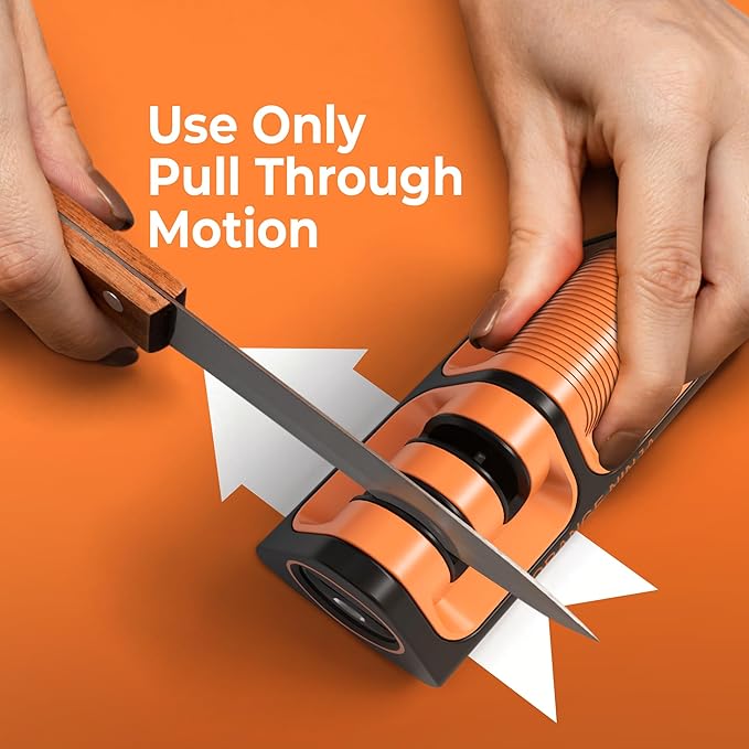 Orange Ninja Mini Knife Sharpener - Coarse & Fine Blade Sharpener, Sharpening System- Knife Sharpeners for Kitchen Knives, Pocket Kitchen Knives Sharpeners with Bottle Opener & Fridge Attachment