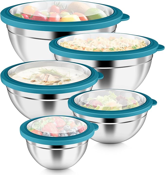 P&P CHEF Mixing Bowls with Visible Airtight Lids Set of 5, 10-Piece Stainless Steel Mixing Nesting Bowl, Metal Bowl with Lid for Kitchen Prepping & Storing, Size 4.6, 3, 1.5, 1, 0.7 QT, Blue