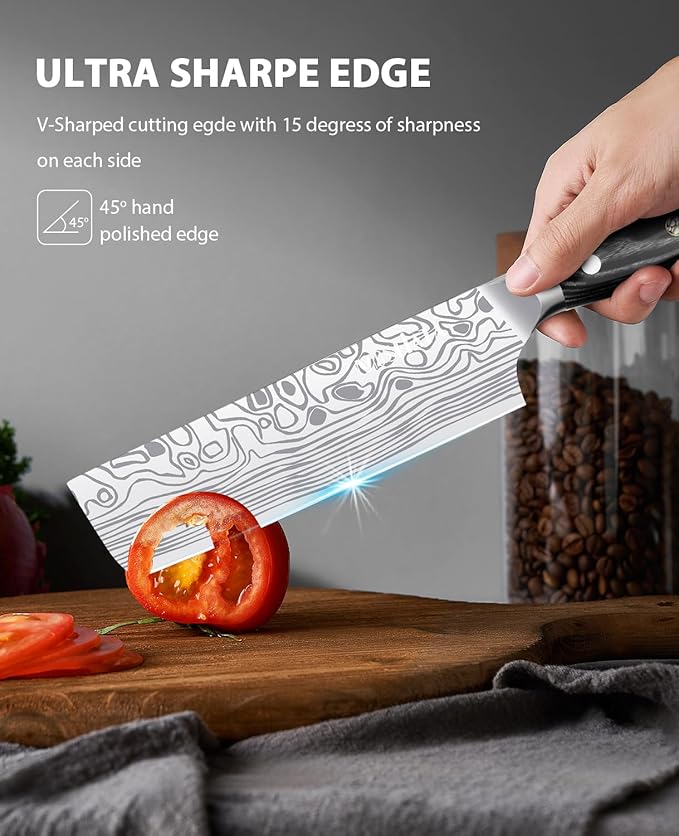 MOSFiATA 7” Nakiri Chef's Knife with Finger Guard, German High Carbon Stainless Steel EN1.4116 Vegetable Knife, Multipurpose Kitchen Knife with Micarta Handle in Gift Box