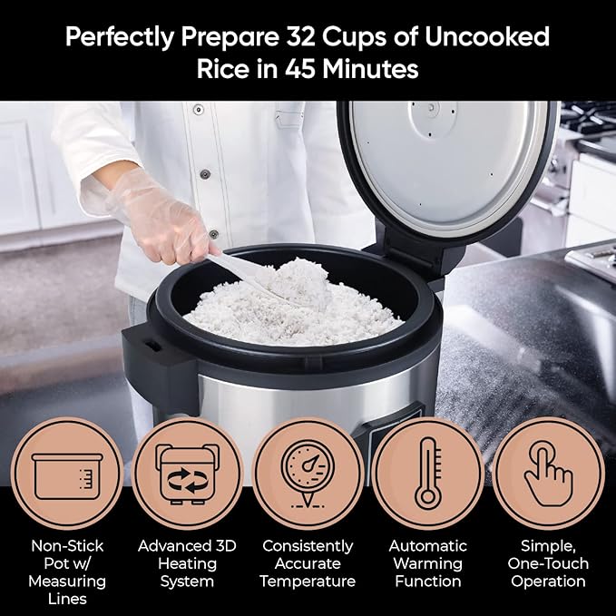 Commercial Stainless Steel Rice Cooker - Professional 64 Cup Cooked (32 Cup Uncooked) Rice Maker Cooker With Non Stick Pot & Hinged Lid - Includes a Rice Measuring Cup & Rice Scoop