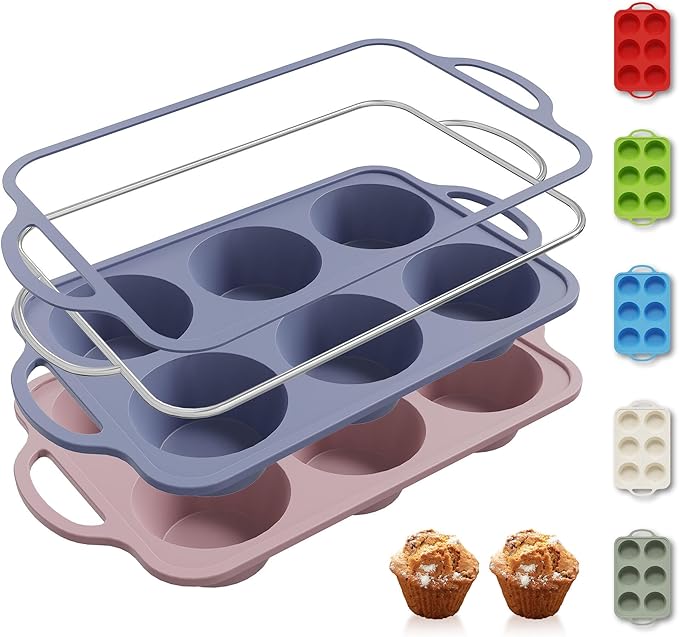 2 Packs 6 Cups Silicone Muffin Pan with Metal Reinforced Frame Jumbo Size Cupcake Pan Tray Egg Bites Silicone Circle Cookie Molds Extra Large Muffin Tin Tart Pans for Breakfast Sandwiches