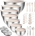 Wildone Mixing Bowls with Airtight Lids, 27 PCS Stainless Steel Nesting Bowls, with 3 Grater Attachments, Scale Mark & Non-Slip Bottom, Size 5, 4, 3, 2, 1.5, 1, 0.63QT, Ideal for Mixing & Prepping
