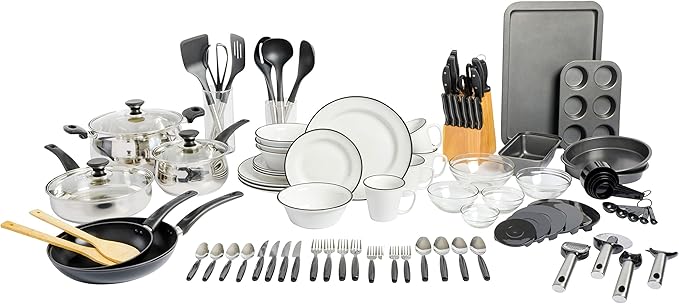 Gibson Home 95 Piece Kitchen in a Box Pots and Pans Cookware, Plates and Bowls Dinnerware, Cutlery Knife Block, Flatware Utensils, Tools & Gadgets, Storage, Glasses Set