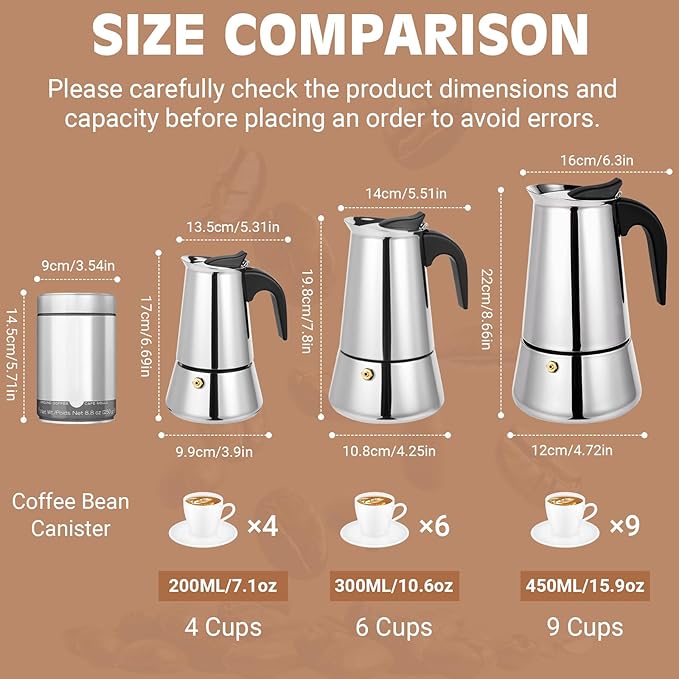 Moka Pot, 6 Cups (10.6 oz) Stovetop Espresso Maker, 304 Stainless Steel Moka Pot, Induction Compatible, Silver