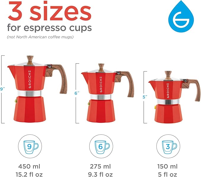 GROSCHE Milano 6 Espresso Cup, 9.3 oz Red Stovetop Espresso Maker - Italian Moka Pot