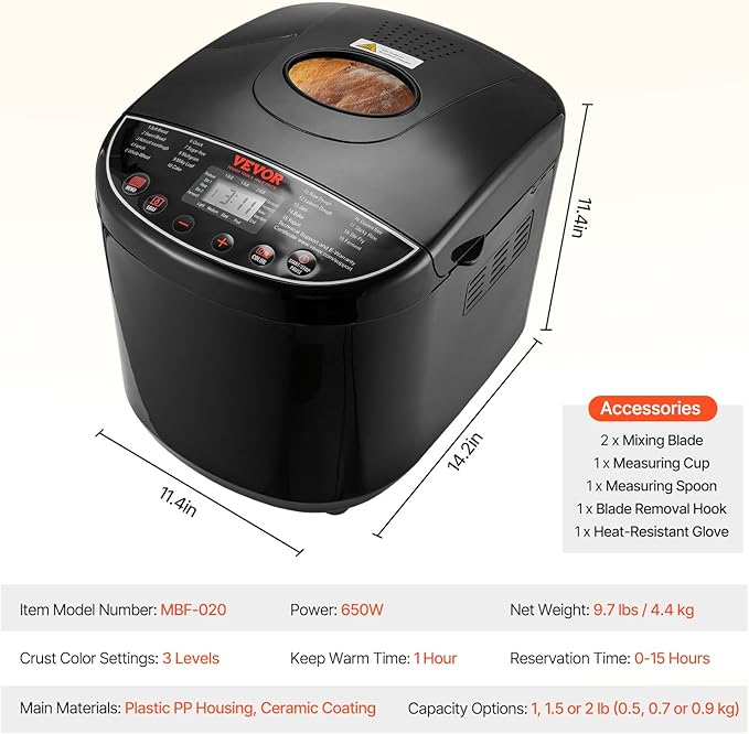 VEVOR Bread Maker, 19-in-1 2LB Dough Machine, Nonstick Ceramic Pan Automatic Breadmaker with Gluten Free Setting, Whole Wheat Bread Making, Digital, Programmable, 3 Loaf Sizes, 3 Crust Colors