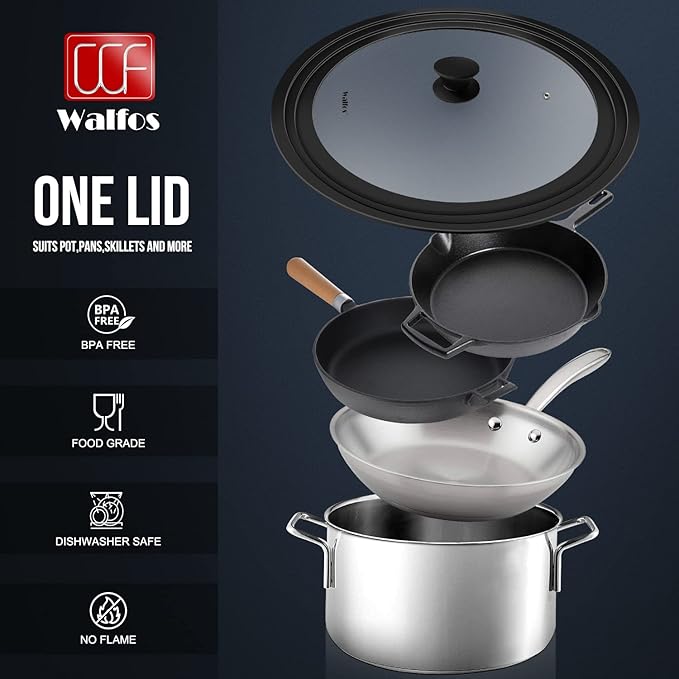 Walfos 2 Pcs Universal Pot Lids, Frying Pan Lid with Heat Resistant Silicone Rim, Fits All 10", 11", 12" to 13", 14", 15" Diameter Cookware, Pots, Pans and Skillets, BPA Free and Dishwasher Safe
