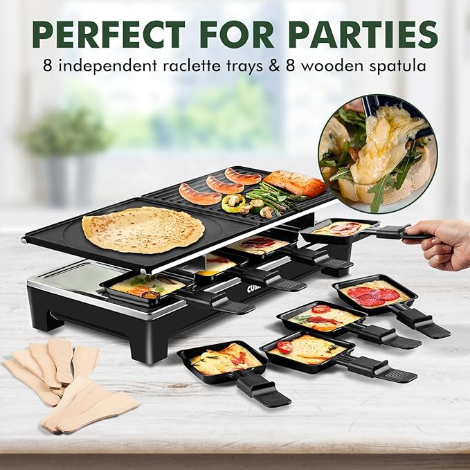 CUSIMAX Raclette Grill, Electric Grill, Reversible 2 in 1 Non-stick Grill & Griddle Plates, Portable Korean Grill with 8 Paddles & Shovels, Black New Model