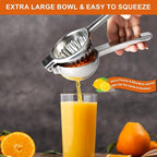 TEZZ Upgrated Extra Large Lemon Squeezer, Heavy Duty Handhelp Orange Juicer with 3.47'' extra big Filter Bowl, Stainless Steel Hand Press Citrus Juicer, Lime Squeezer Bar Tool, Manual Citrus Press