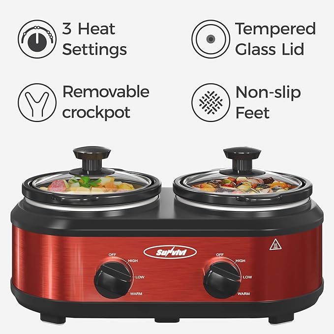 2 * 1.25 Quarts Dual Slow Cooker, Buffet Server & Warmer with 2 Removable Ceramic Pots, 3 Adjustable Temp Settings & 2 Visible Glass Lids, Stainless Steel, Red