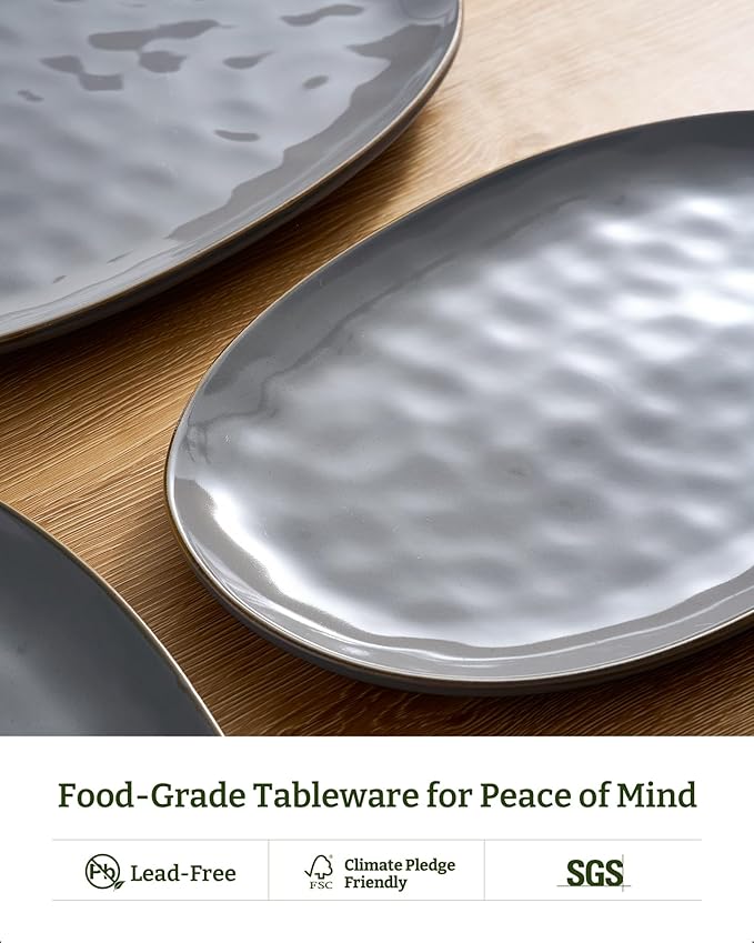 famiware Serving Platter, Oval 15.59/14.3/12.9 inch Serving Dishes for Entertaining, Serving Bowls, Microwave Safe, Fine Stonware Serving Trays for Party, Turkey, Cheese, Ocean Series, Dark Grey